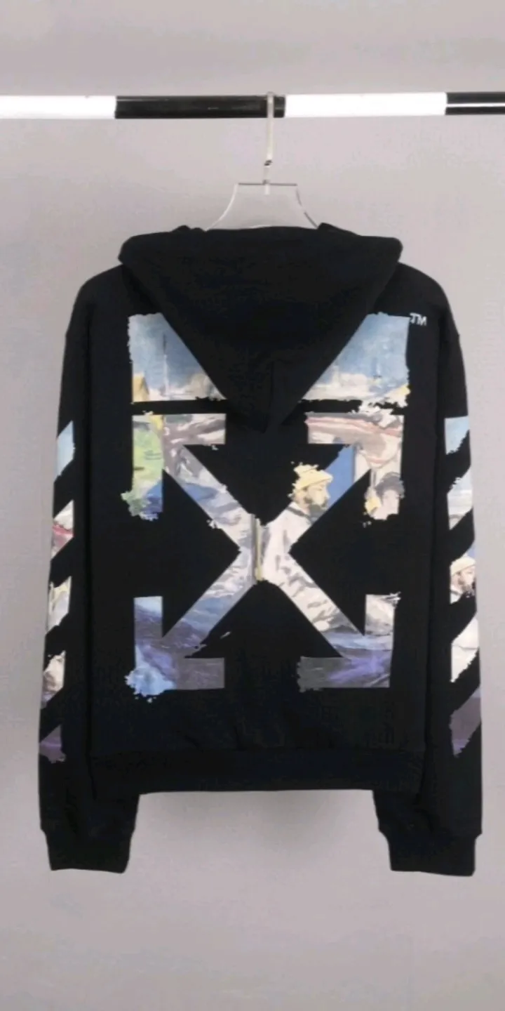 Real shot of the video——Spring and Autumn top tested version OFF WHITE OW timeless classic Monet oil painting watercolor graffiti hooded zipper pure cotton loose cardigan sweater jacket for men and women couples hot overseas style, same style upper body for celebrities, classic and beautiful oil painting style! World treasures, top famous paintings, walking works of art!  A good product starts with the fabric of the clothes. Our fabrics are pre-shrunk with epoxy water before leaving the fabric factory. After the fabrics are dried, they will have a light fragrance. Who can do this? The printing uses an imported 16-head white ink color drawing integrated direct printing machine + discharge dyeing process, which is completely consistent with zip. It effectively guarantees the perfect printing texture and visual effect. The multi-layered hollow points in the printing pattern are all manually modified, and the alignment is consistent to identify the first eye-catching point.   From the beginning of 2019 to now, a total of 100,000+ have been shipped. It can be said that this model is made to perfection. The basic purchase price for foreign purchasing agents is 50+, and the repurchase rate is 100%. The details, fabrics, and printing can be said to be completely restored, a true top version!  Let’s talk about the reason for 100,000+ sales! First, you can see the products we make, and all the identification details are in place. 1. The 4 hollow points on the printed character hat are identification details. During the scan, many manual modifications were required, and a hollow point was exposed, which was a fake at first glance. This is hollow, not black dot printing. 2. Printing is a combined process of discharge dyeing + direct injection! Both the black and white prints can be pulled apart, and the prints will not be damaged by loosening and rebounding. The dye is completely integrated into the fabric. 3. The fabric is 480 grams of custom-dyed fish scale terry cotton fabric, which has an excellent hand feel. 4. The collar label is embossed and has a hand-feeling effect! Definitely not an embroidery label, nor a blue label. 5. The tag rope is hung vertically from the collar. The rope is 120CM long, not a side rope. It is full of details. 6. Details, the main picture is actually shot. If you are worried about what you have seen, you can directly compare it with the pictures of my home and the official website. Fearless of all comparisons. 7. Customized pull tabs with engravings and hat rope bells with engravings! These are the details of the identification.   Size: XS-L Color: Black Off-White P:420